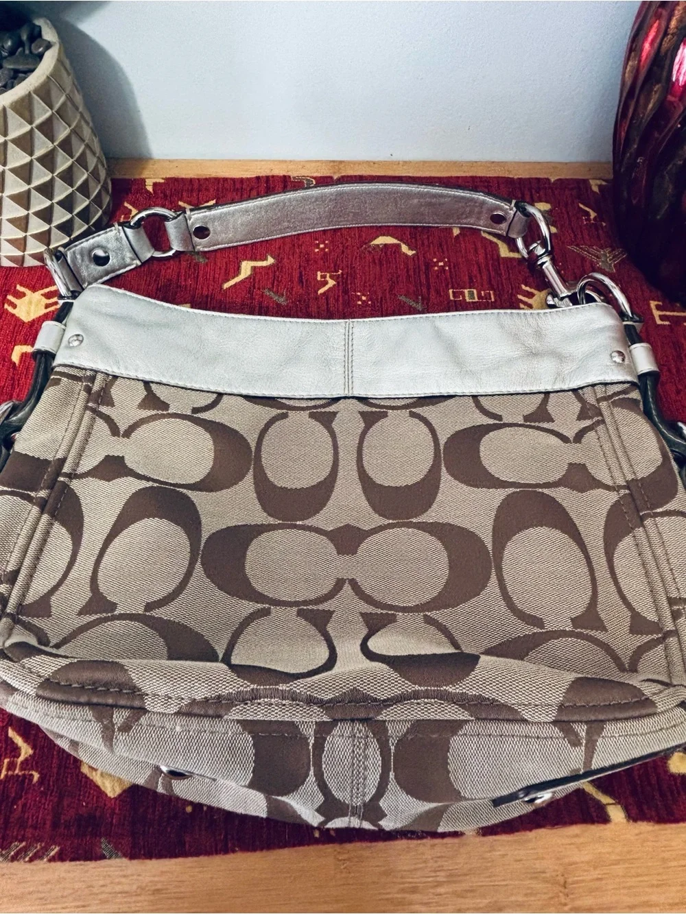 Coach Brown Signature Canvas Shoulder Bag with Silver Trim